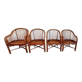 Matching Chinoiserie Bamboo Rattan Cane Club Chairs Set For Sale