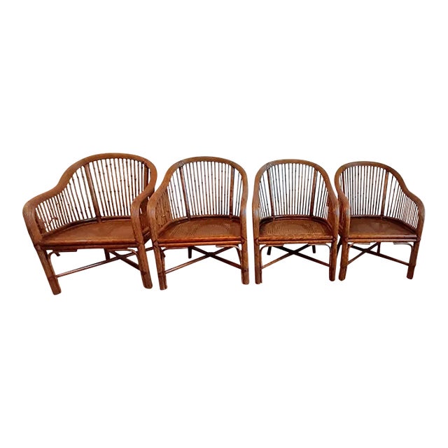 Mid Century Chinoiserie Bamboo Rattan Cane Club Chairs Set 4 For Sale