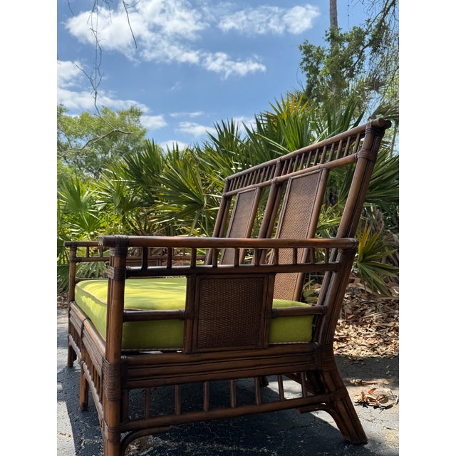 Vintage Bamboo Settee With Custom Lime Green Cushion & Pink Piping – Palm Beach Regency Style For Sale - Image 4 of 5