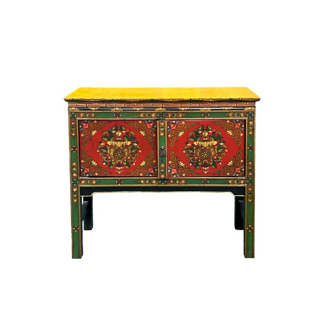 Asian Tibetan Style Floral Graphic Red Green Yellow Console Credenza Table For Sale - Image 4 of 11