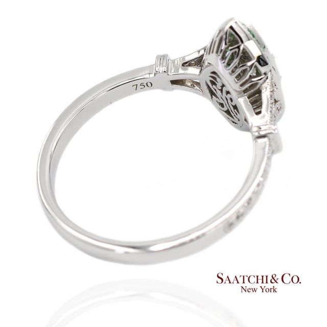 Metal 18k (750) White Gold Natural Diamond and Tsavorite Marquise Milgrain Ring, Size 6.5 For Sale - Image 7 of 12