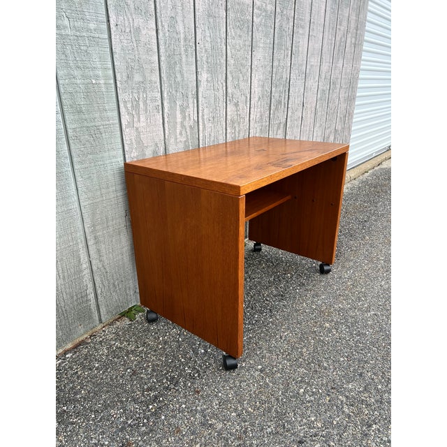 Danish Modern Teak Writing Desk With Finished Back on Castor Wheels For Sale - Image 13 of 13