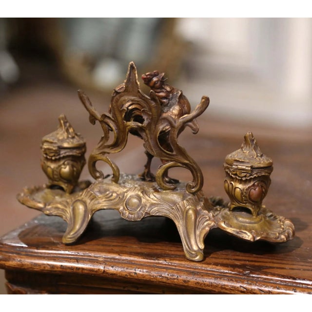 19th Century French Gilt Spelter Rooster Inkwell Signed A. Bossu For Sale - Image 11 of 12