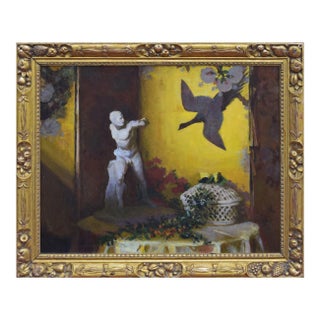 Antique Impressionist Veranda Still Life Painting With Greco Roman Marble Statue in 19th Century Frame For Sale