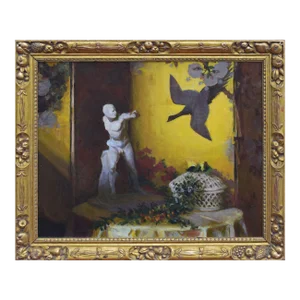 Antique Impressionist Veranda Still Life Painting With Greco Roman Marble Statue in 19th Century Frame