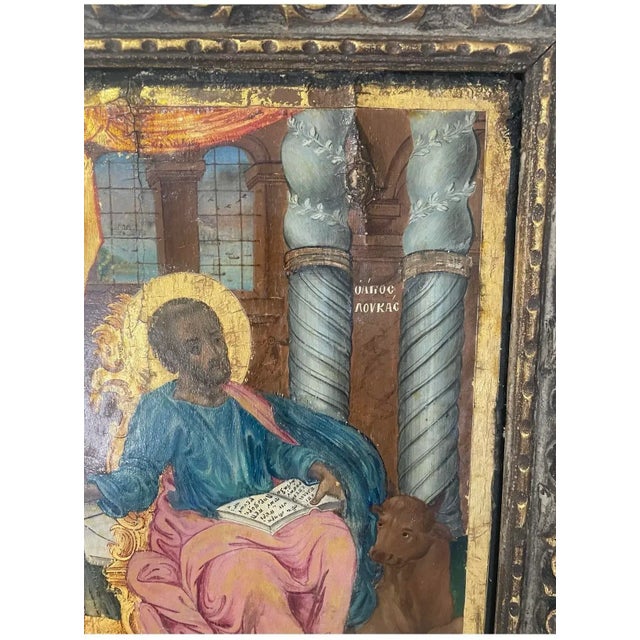Rose Antique Greek Orthodox Icon – St. Luke the Evangelist With Ox, Hand-Painted Tempera Gilded Wood 17.5” X 13” Rare Find For Sale - Image 8 of 10
