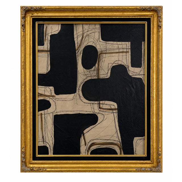 Constructed Memory is an original mixed-media work by Murray Duncan, built from layered charcoal-blue geometric forms,...