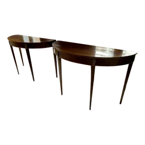 19th Century Antique Demilune Console Tables With Brass Ormolu Mounts—A Pair
