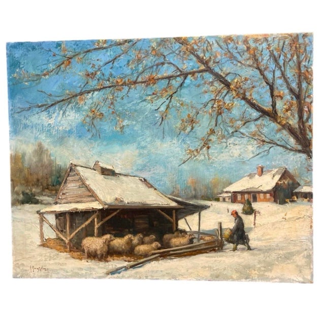 1960s 1960s Painting: Winter Countryside Scene With Livestock Barn For Sale - Image 5 of 12