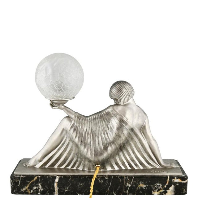 Art Deco Table Lamp with Seated Nude Holding a Globe by Raymonde Guerbe for Max Le Verrier, 1930s For Sale - Image 6 of 12