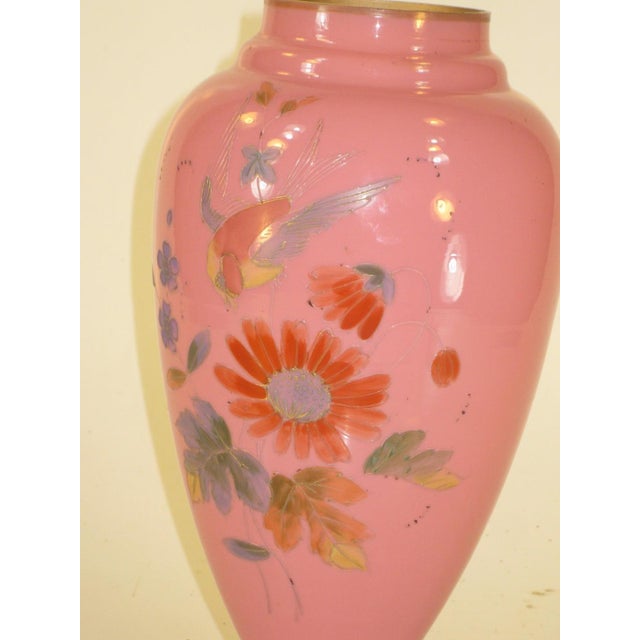 Late 19th Century Vase Victorian Pink Cased Glass with Hand Painted Enamel Bird & Flowers For Sale - Image 6 of 12