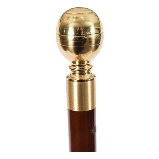 Vintage English Brass Topped Walking Stick with Compass Flask For Sale