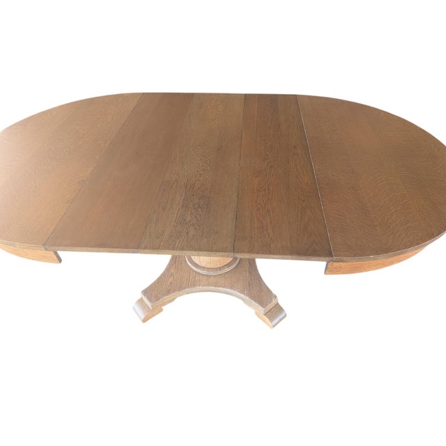 Brown Antique Quarter Sawn Oak Pedestal Dining Table | Tiger Extension Table For Sale - Image 8 of 17