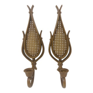 Vintage Homco Faux Wood and Caning Wall Candle Sconces- a Pair For Sale