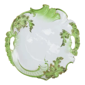Ornate Handled Green and White Porcelain Dish With Leaf Design