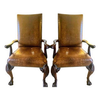 1990s Maitland Smith Alligator Print Leather & Mahogany Chairs For Sale