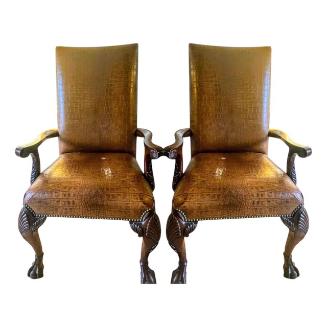 1990s Maitland Smith Alligator Print Leather & Mahogany Chairs For Sale