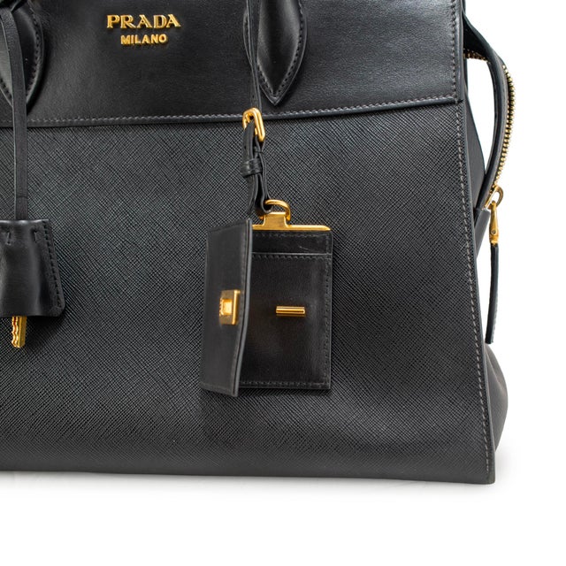 Animal Skin Prada Saffiano City Black Gold Hardware Leather Structured Tote Bag For Sale - Image 7 of 12