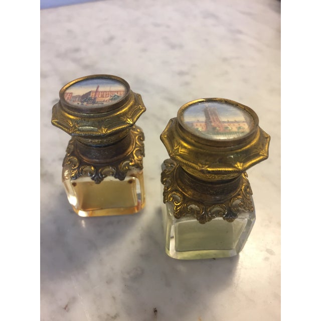 Continental Shagreen, Mother of Pearl Miniture Trunk With Gilt Filigree Crystal Bottles - 3 Pieces For Sale - Image 11 of 13