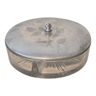 Vintage Mid-Century Modern Hammered Aluminum & Divided Glass Vanity Jar For Sale
