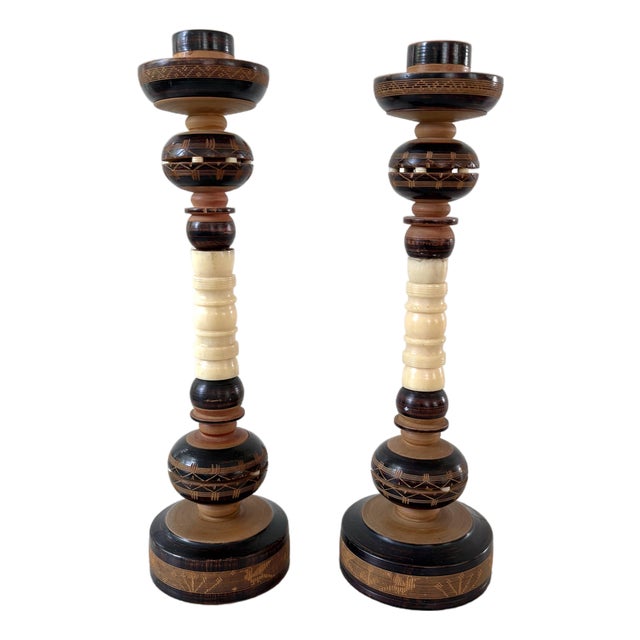 Vintage Indonesian Turned Wood & Bone Candlesticks For Sale