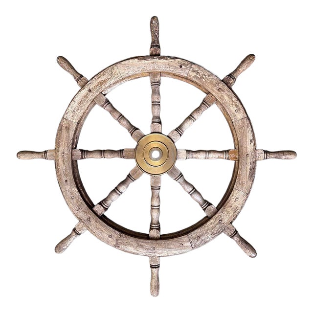 Vintage Wooden Ships Wheel With Brass Hub For Sale