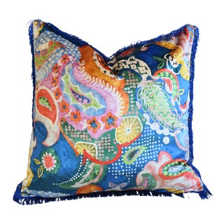 French Floral Paisley Silk Velvet Feather/Down Pillow W/ Blue Fringe 23" Square For Sale