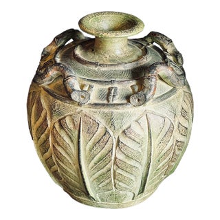 Vintage Pier 1 Weathered Green Earthenware Vase With Tropical Leaf Relief For Sale