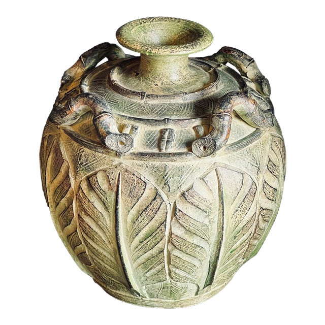 Vintage Pier 1 Weathered Green Earthenware Vase With Tropical Leaf Relief For Sale