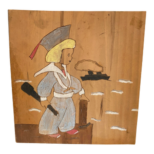 Folk Art Sailor Boy Painted on Wood, 1951