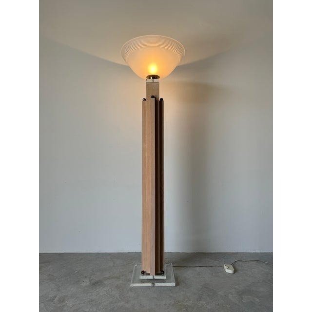 1980's Italian Postmodern Wood & Glass Shade Torchiere Floor Lamp For Sale - Image 11 of 11