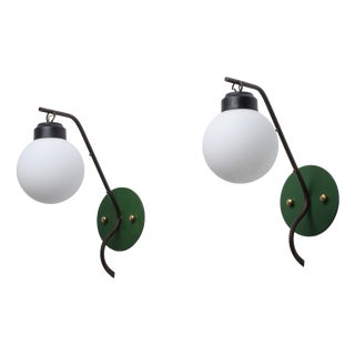 Italian Brass Wall Sconces with Opaline Globe Shades, 1950s, Set of 2 For Sale