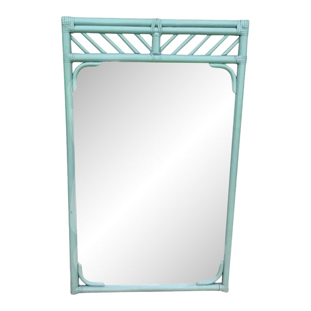 Vintage Ficks Reed Style Pale Blue Grey Chippendale Bamboo Regency Coastal Wall Mirror For Sale