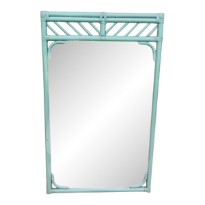 Vintage Ficks Reed Style Pale Blue Grey Chippendale Bamboo Regency Coastal Wall Mirror