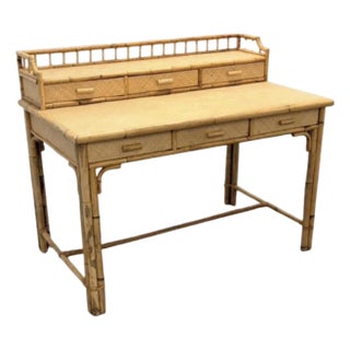 British Colonial Burnt Bamboo and Grasscloth Desk For Sale