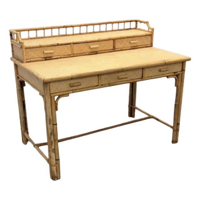 British Colonial Burnt Bamboo and Grasscloth Desk For Sale