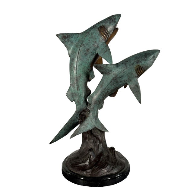 Early 21st Century Breaching Sharks, Bronze on Marble - 24"h For Sale - Image 5 of 5