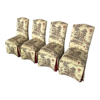 Traditional Parsons Dining Chairs Upholstered in French Toile Skirted Fabric Set of 4 For Sale
