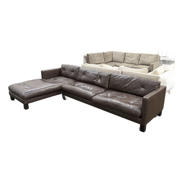 Contemporary Leather Sectional + Left Chaise, Dark Brown For Sale
