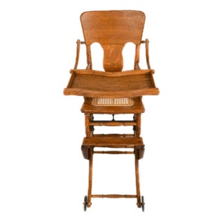 Antique Victorian Oak Convertible Highchair Stroller With Pressed Back For Sale