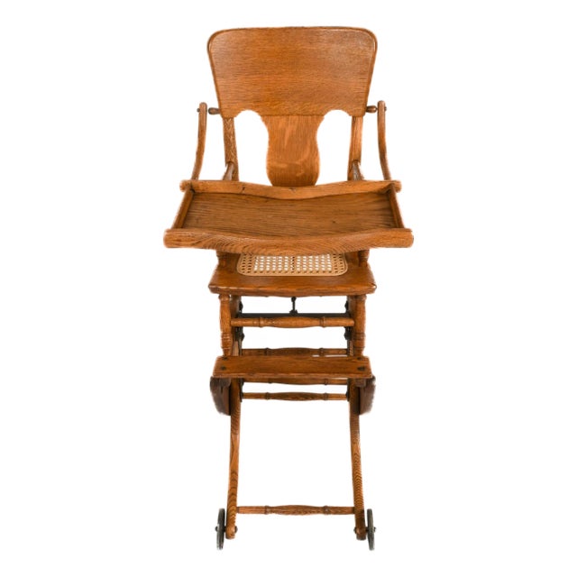 Antique Victorian Oak Convertible Highchair Stroller With Pressed Back For Sale