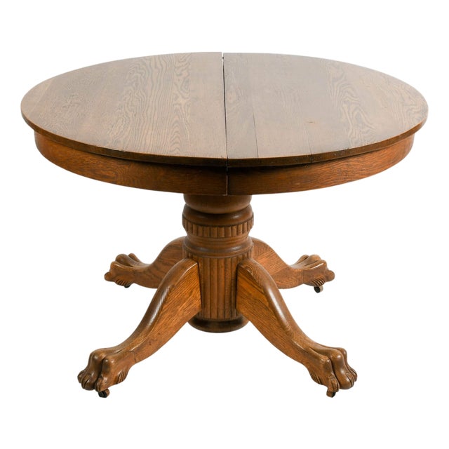 Antique Oak Pedestal Dining Table With Lion's Paw Feet For Sale
