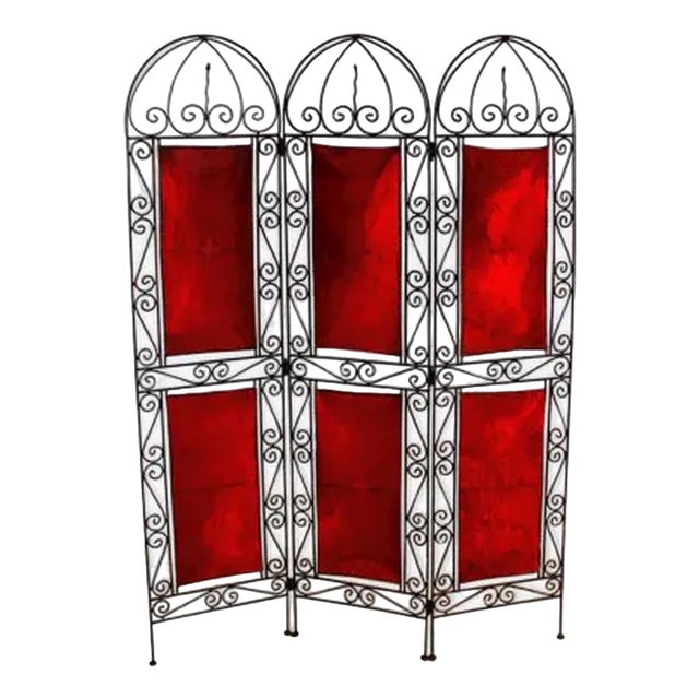 Orientalist Screen in Wrought Iron and Painted Leather For Sale
