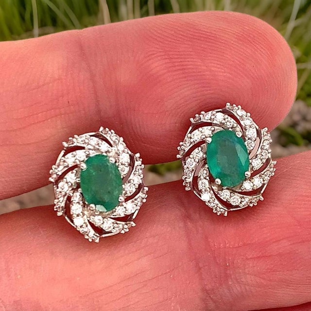 Diamond Emerald Earrings 14 Karat White Gold 2.17 TCW Certified For Sale - Image 4 of 14