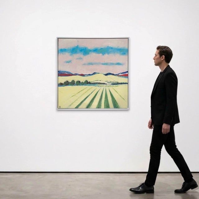 An American landscape with pastures, rolling hills, and big skies. The modern style and palette take inspiration from late...