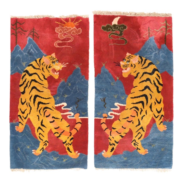 Vintage Zabihi Collection Tiger Tibetan Rugs - A Pair - 2'8" x 4'9" For Sale