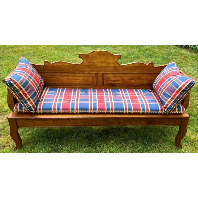 Scrolled-Arm Wooden Hall Bench With Fabric Cushions For Sale In New York - Image 6 of 9