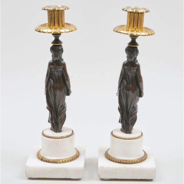 Pair of Napoleon III Gilt / Patinated-Bronze & Marble Caryatid Candlesticks For Sale - Image 4 of 11