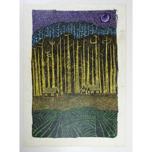 Vintage mid 20th century mixed media on paper modernist forest and cabins painting. Unsigned, scratch through and oil...