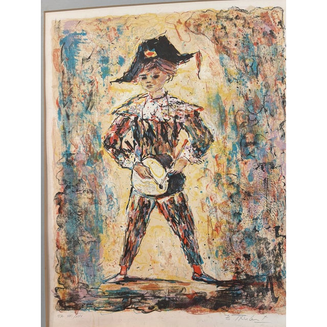 French Young Harlequin Signed Artist Proof Lithograph by Berto Taubert Framed Carved Wood For Sale - Image 3 of 18